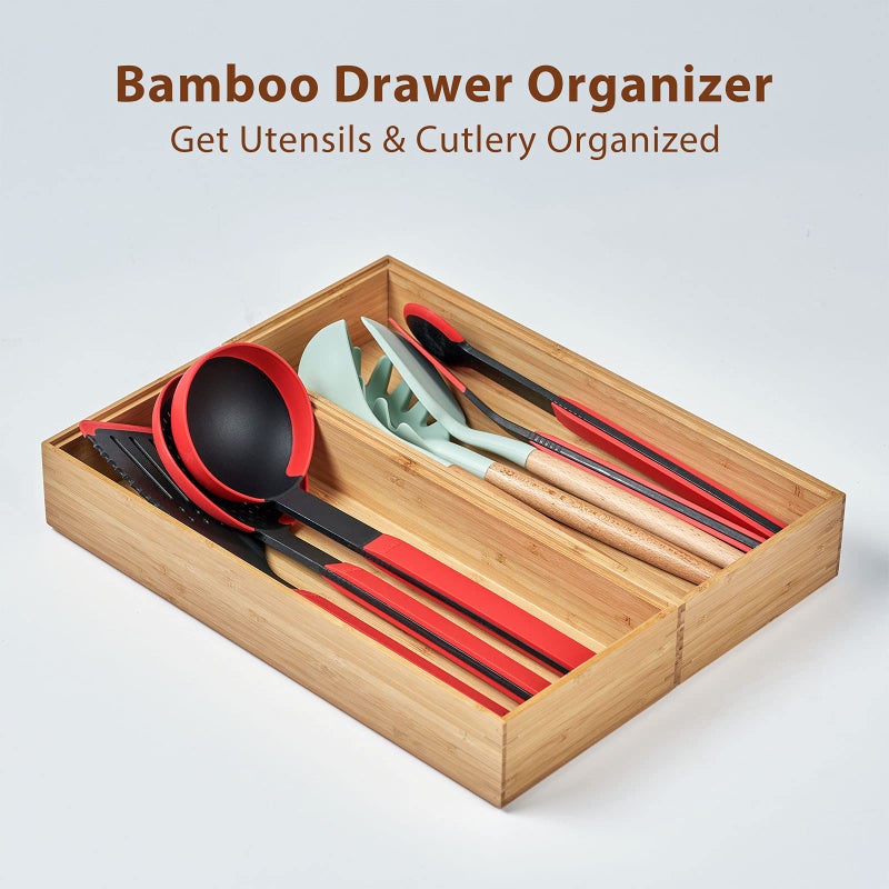 Umilife Bamboo Kitchen Drawer Organizer Boxes with Anti-Skid Silicone Feet, 2pcs Stackable Storage Bins for Kitchen Utensils & Silverware & Desk Drawer & Makeup, Tools Holder, 15   L x 6   W x 2.5   D Each - Image 4